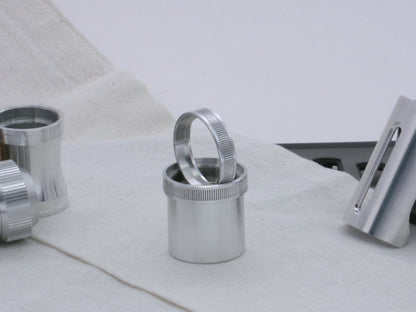 Pair of VHC compatible, aluminum lightsaber accent rings installed and displayed on a lightsaber body segment.