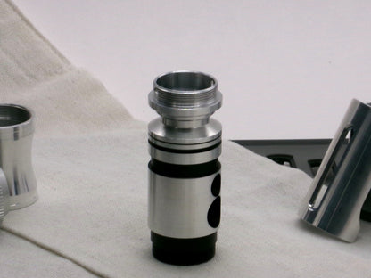 A versatile, aluminum male-to-male hybrid adapter compatible with VHC lightsabers, installed on a VHC switch, standing proud.