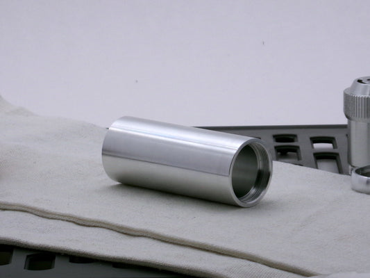 Single aluminum female/female threaded body component for VHC lightsabers; three-quarter view.