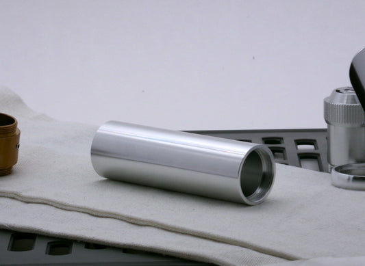 Single aluminum female/female threaded body component for VHC lightsabers; three-quarter view.